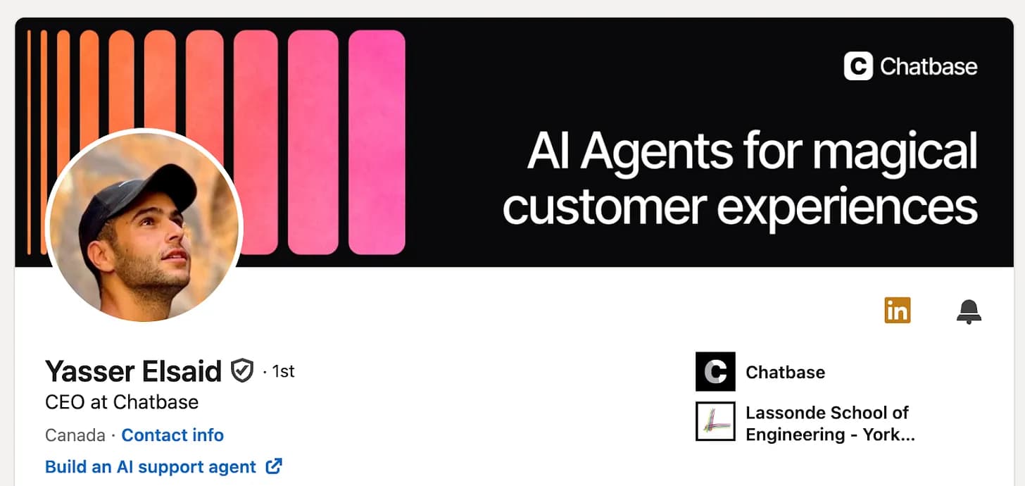 Yasser Elsaid's Chatbase banner: 'AI Agents for magical customer experiences' on black, with no social proof elements.