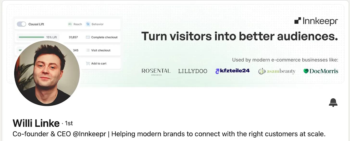 Willi Linke's Innkeepr LinkedIn banner: a product screenshot, the line 'Turn visitors into better audiences', and five customer logos.