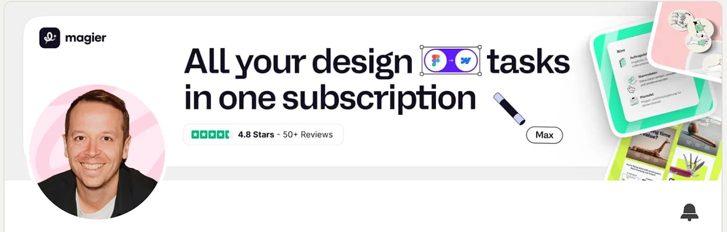 Magier's banner: 'All your design tasks in one subscription' with a 4.8 star rating badge and 50+ reviews.