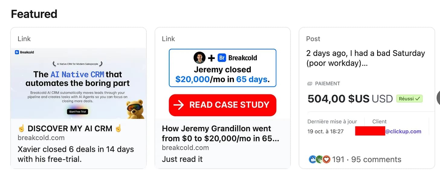 Breakcold's LinkedIn Featured section: a free trial link, a case study titled 'Jeremy closed $20,000/mo in 65 days', and a revenue proof post.