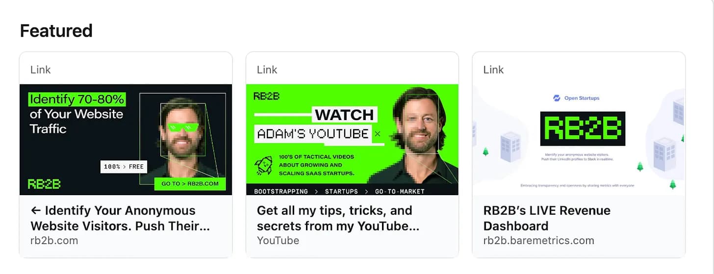 RB2B's LinkedIn Featured section: a free product link, a YouTube channel, and a live public revenue dashboard.